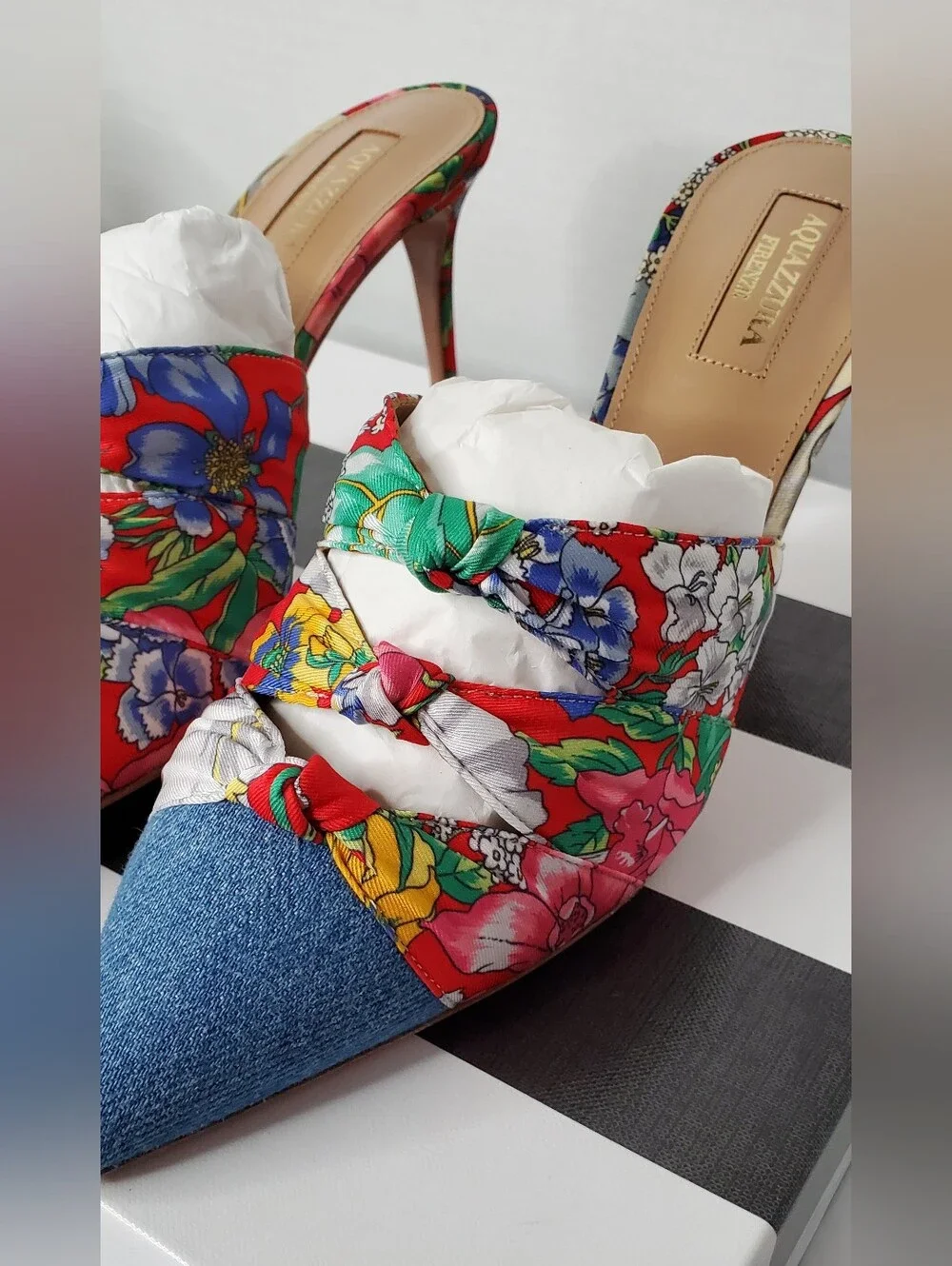 AQUAZZURA DENIM FLORAL Mule Heels NEW 36.5 (6) NWT